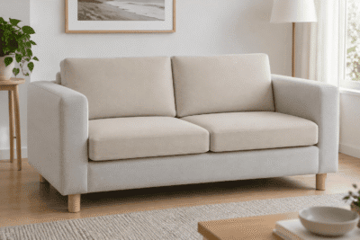IKEA Klippan replacement cushions - flat knife-edge custom covers on a compact two-seat sofa in natural daylight