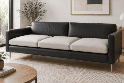 IKEA Morabo replacement cushions - flat knife-edge custom covers on a modern low-back sofa with metal legs in natural daylight