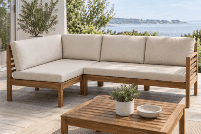 IKEA NAMMARO replacement cushions - flat knife-edge custom covers on a solid acacia wood outdoor sofa in natural daylight