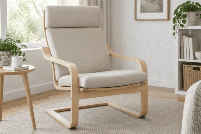 IKEA Poang replacement cushions - flat knife-edge custom seat and back cushions on a bent plywood armchair in natural daylight