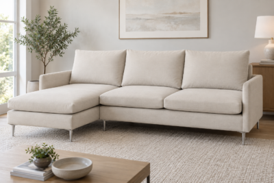 IKEA Soderhamn replacement cushions - flat knife-edge custom covers on a modular sofa with metal legs in natural daylight