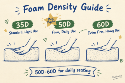 Illustrative hand-drawn foam density guide comparing three grades: 35D for light use shows deep compression, 50D for daily use marked most popular shows moderate compression, 60D for heavy use shows minimal compression. Banner recommends 50D-60D for daily seating.