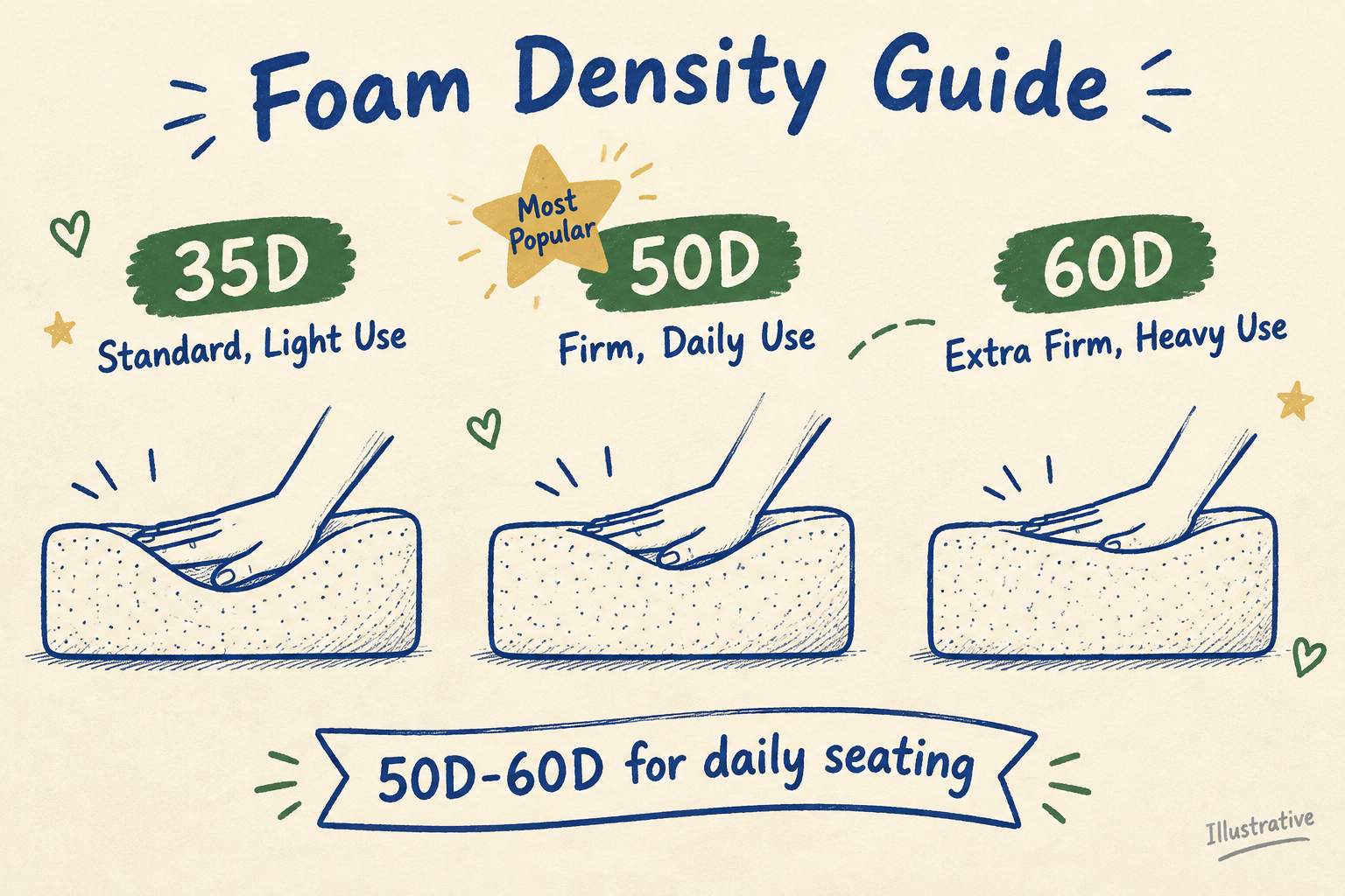 Illustrative hand-drawn foam density guide comparing three grades: 35D for light use shows deep compression, 50D for daily use marked most popular shows moderate compression, 60D for heavy use shows minimal compression. Banner recommends 50D-60D for daily seating.