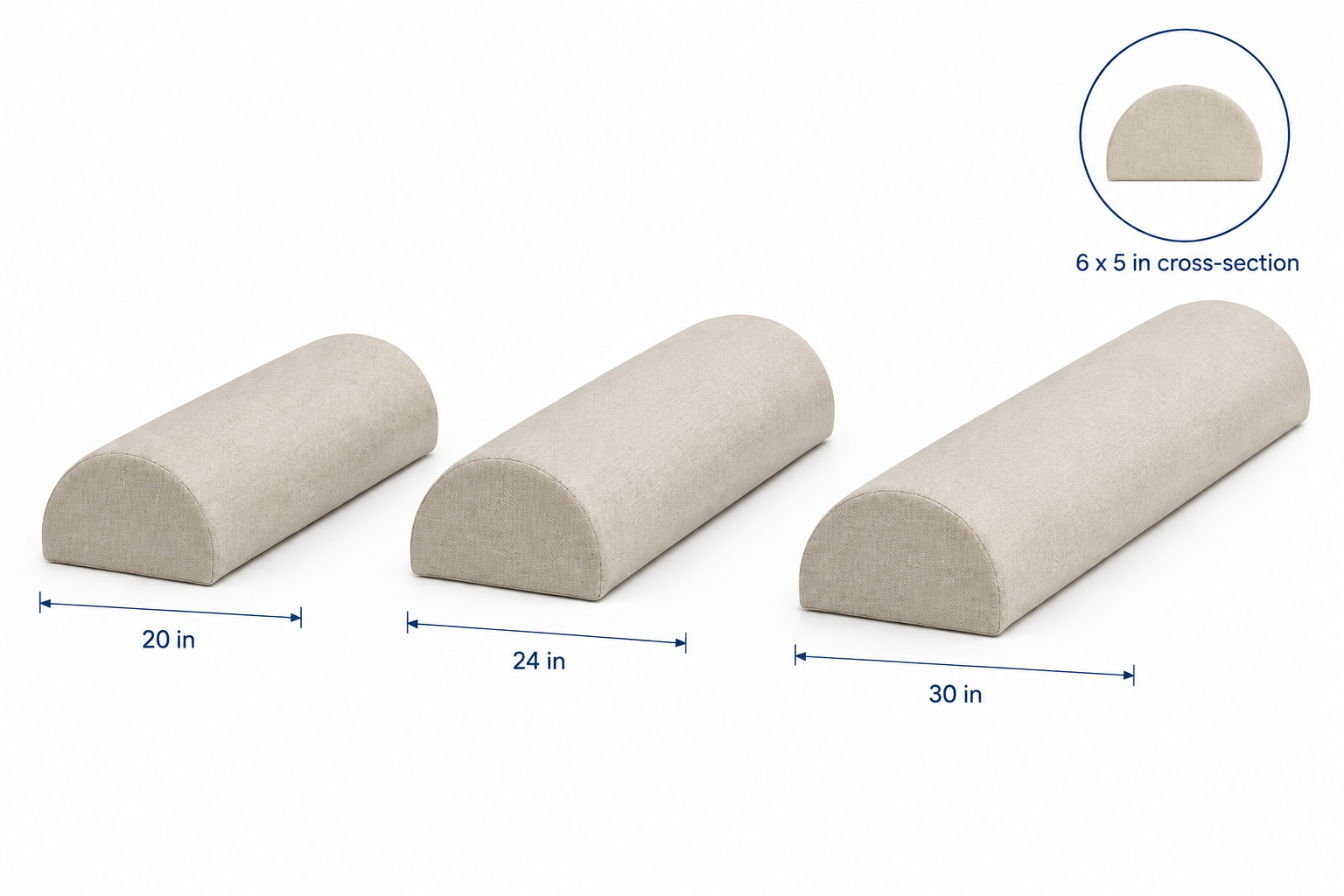 Three half-round knee bolster lengths in a labeled lineup: 20, 24 and 30 inches, all with the same 6 x 5 inch D cross-section