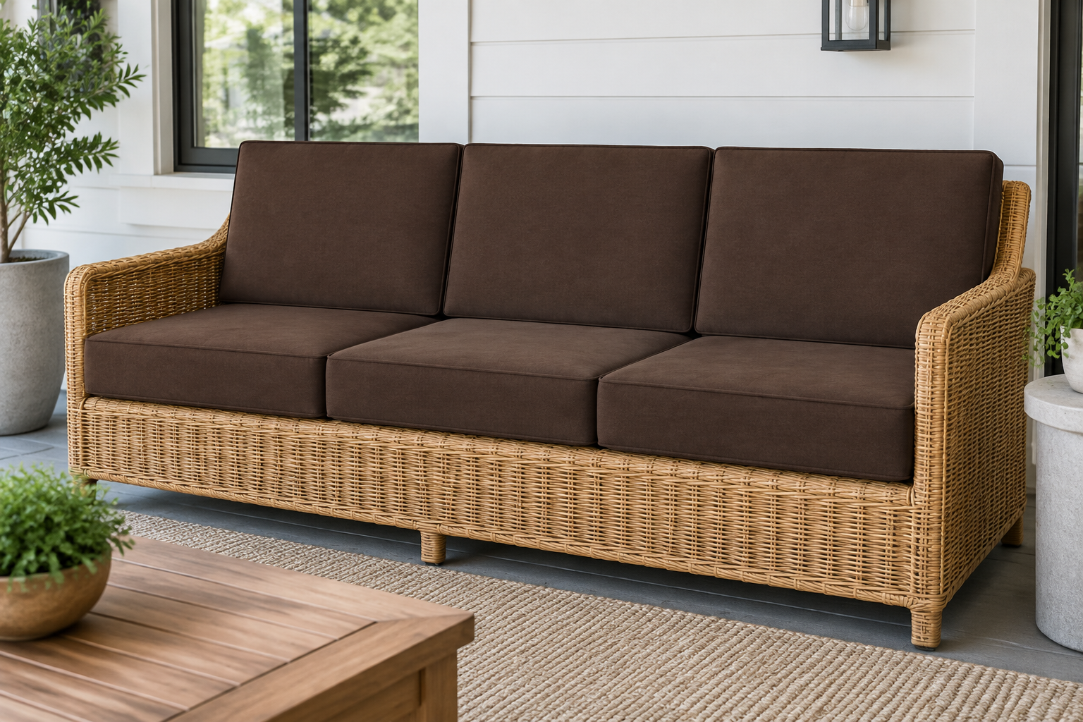 Rattan furniture cushions upholstered in dark coffee waterproof fabric