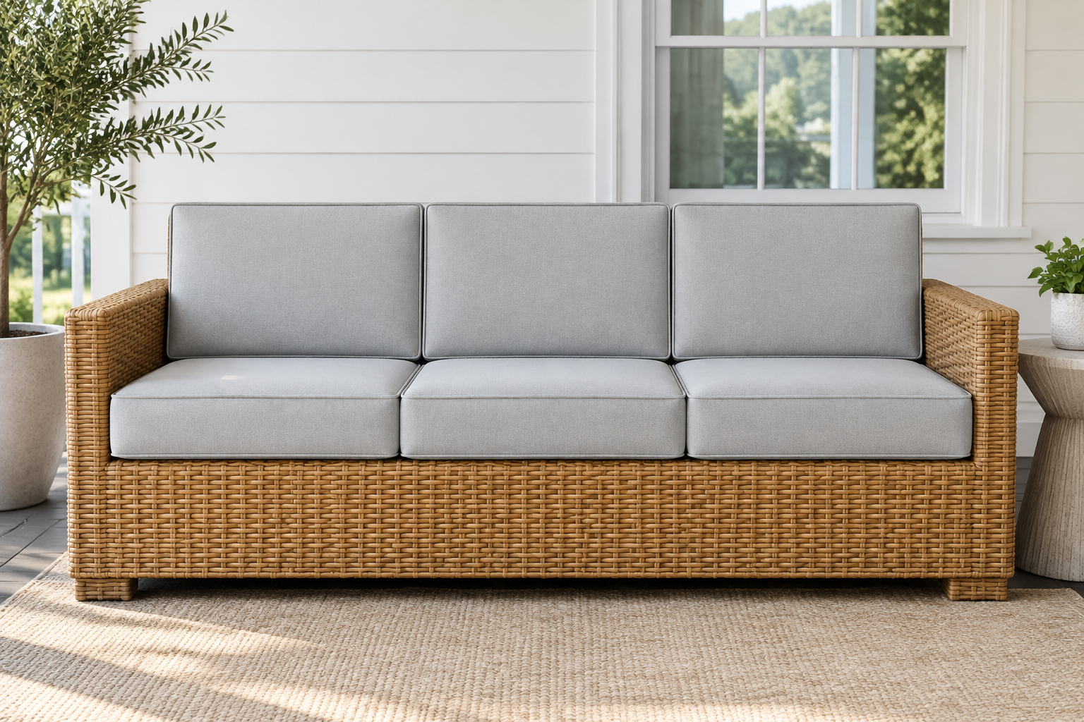 Rattan furniture cushions upholstered in light gray waterproof fabric