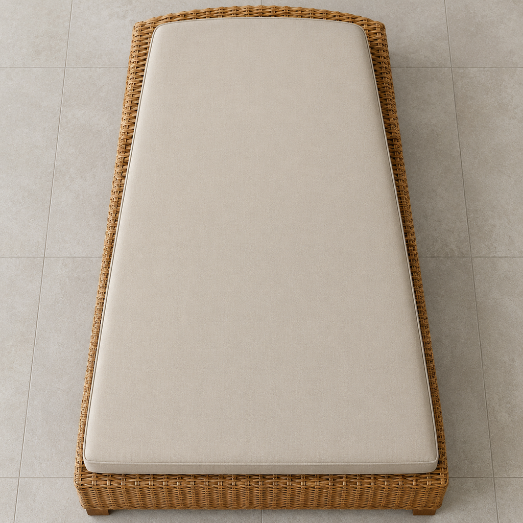 Wicker chaise cushion shape detail Overhead view of a beige cushion on woven rattan showing the straight wide front edge and curved narrower back