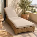 Custom wicker chaise cushion in beige fitted to a woven rattan chaise lounge on a sunlit balcony