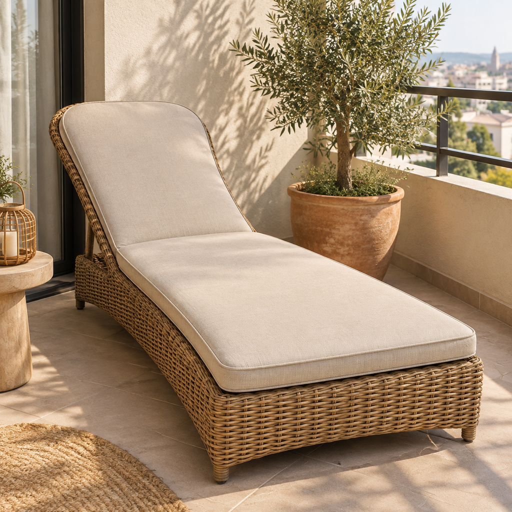 Custom wicker chaise cushions Custom beige cushion fitted to a woven wicker chaise lounge on a sunlit balcony