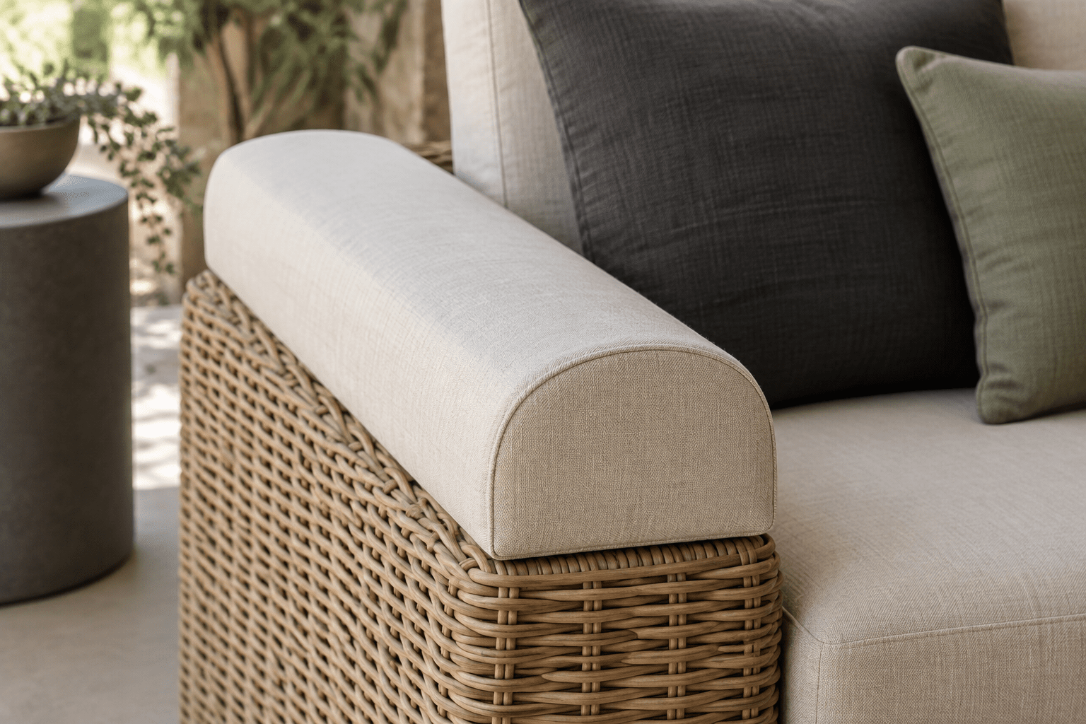 Half-round bolster cushion lying along a rattan sofa arm