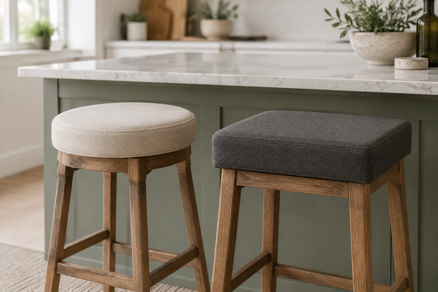 Round and square bar stool cushions at a kitchen island counter - counter seating keeps the same 10 to 12 inch gap as dining tables
