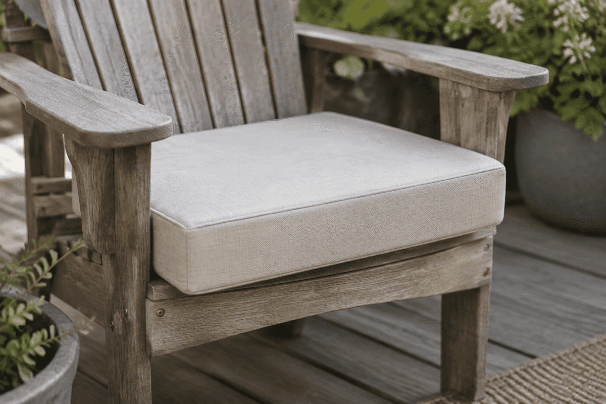 Thick custom patio cushion on an Adirondack chair with a deep overhanging front edge