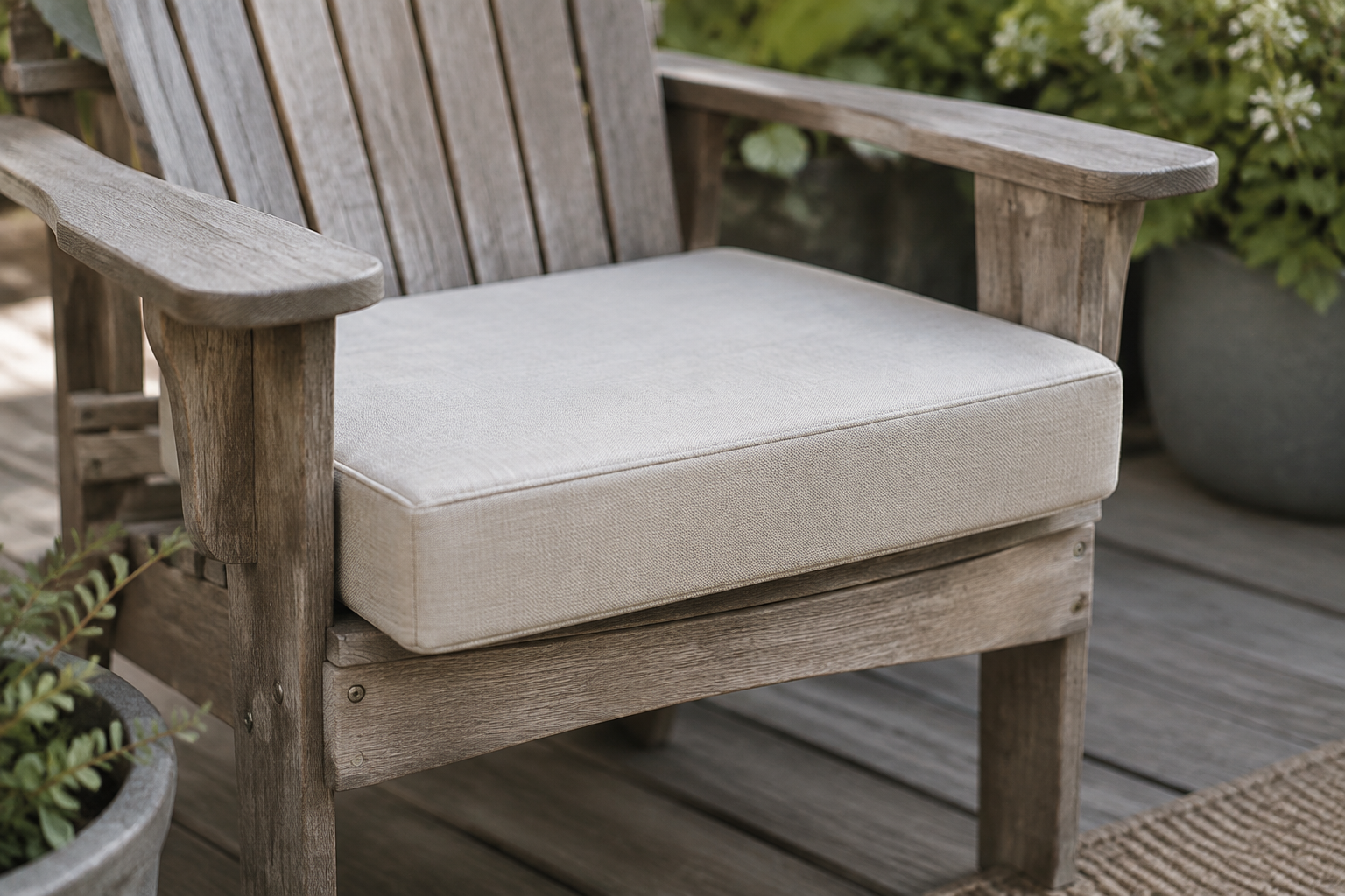 Thick high-density custom patio cushion with seat-edge overhang on an adirondack chair