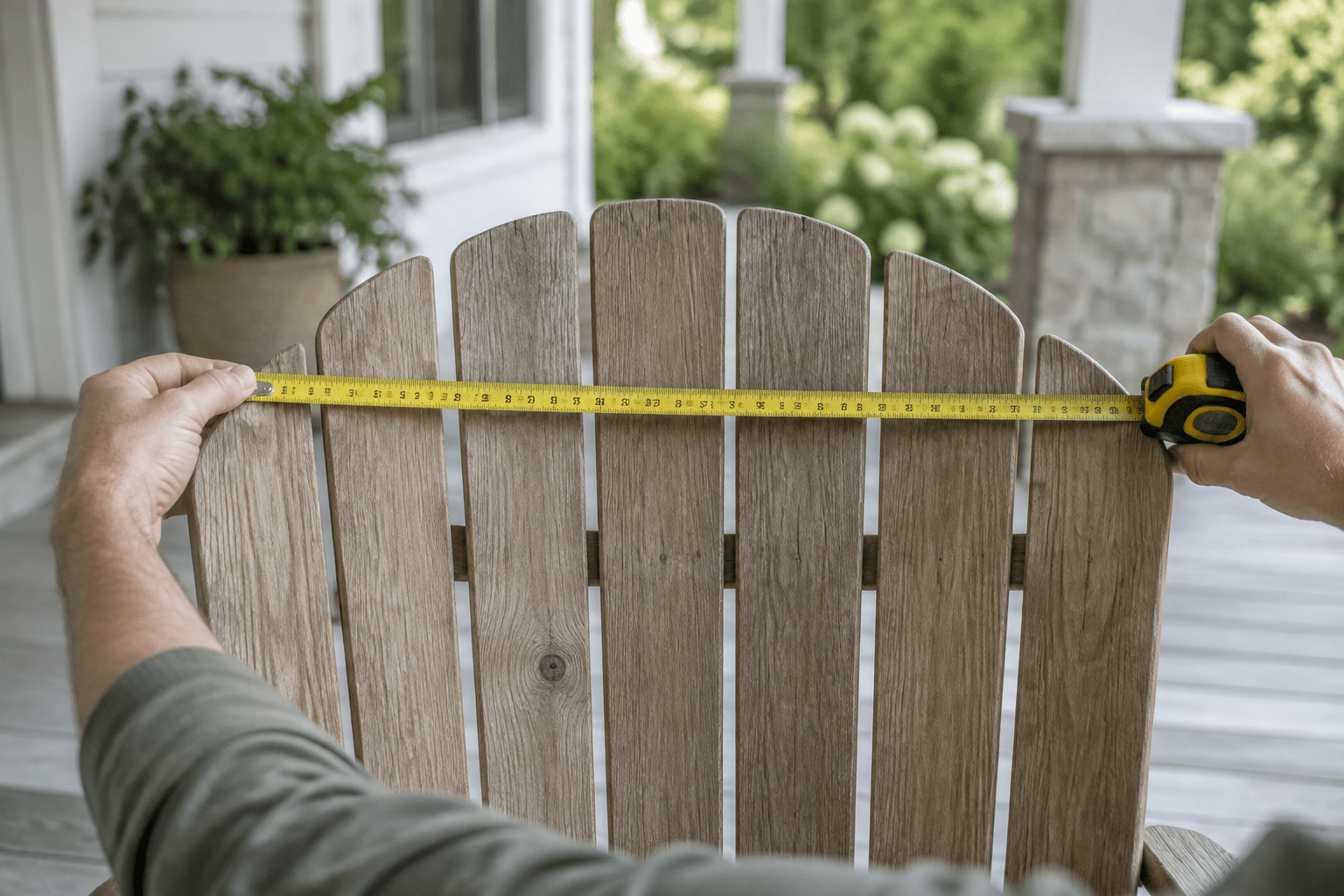 Measuring the top width of an Adirondack fan back with a tape measure