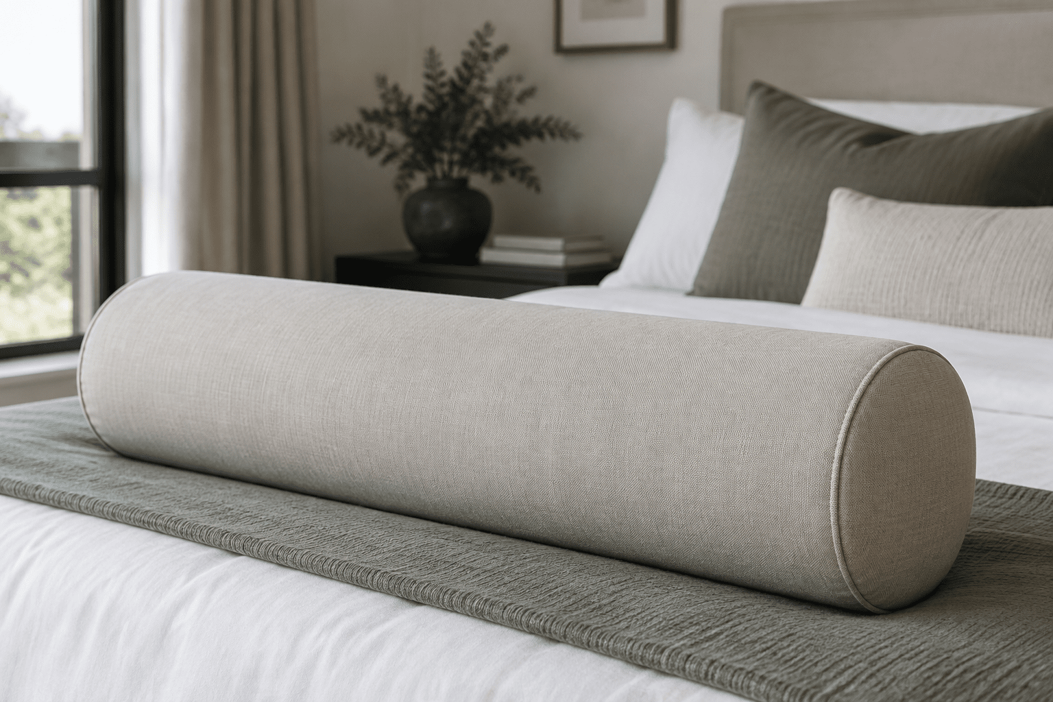 A round bolster roll lying across the foot of a made bed