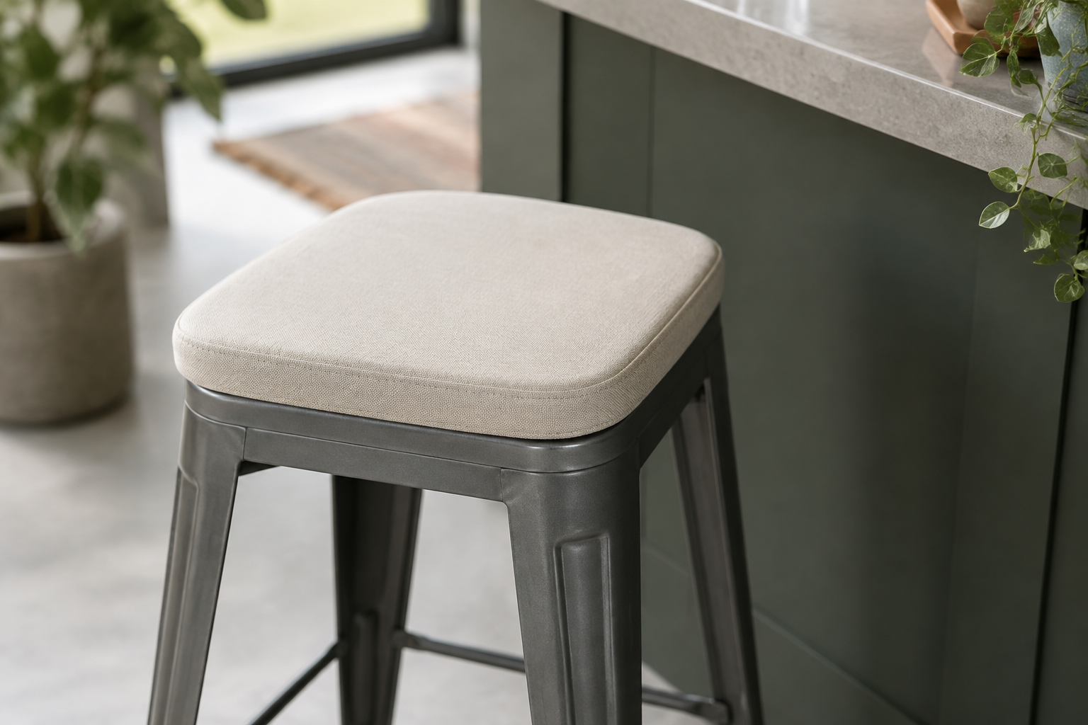 Square cushion with radiased corners on a metal Tolix-style bar stool