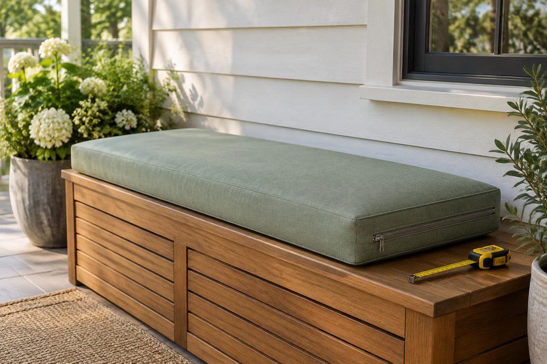 Custom allen roth bench cushion in outdoor fabric with zipper and tape measure