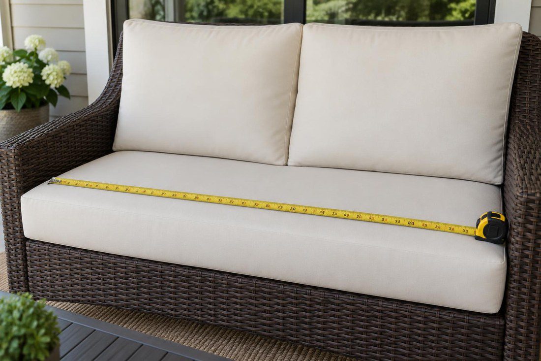 Measuring allen roth deep seat cushions with tape measure across the seat frame