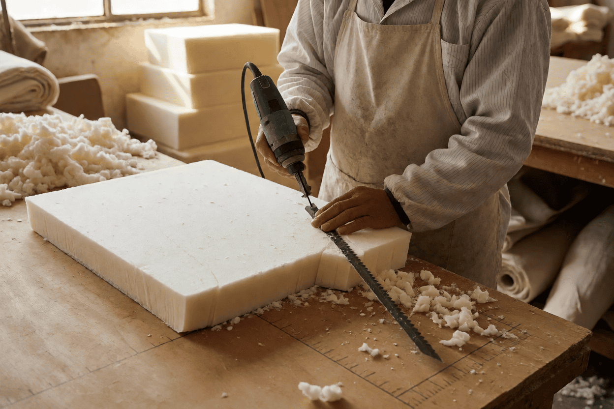 Electric knife cutting a high-density foam slab on a ruled cutting table in the Cushion Mill workshop