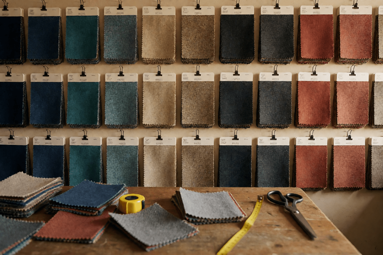 Wall of hanging fabric swatch cards in navy, teal, sand and terracotta weaves, with tape measure and scissors on the worktable