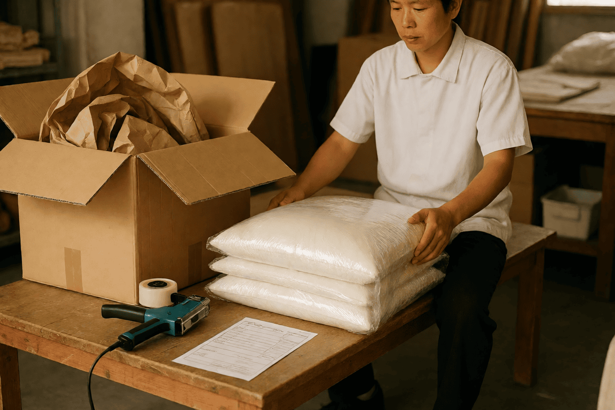 Finished custom cushions wrapped in poly film beside an open shipping box at the workshop packing bench