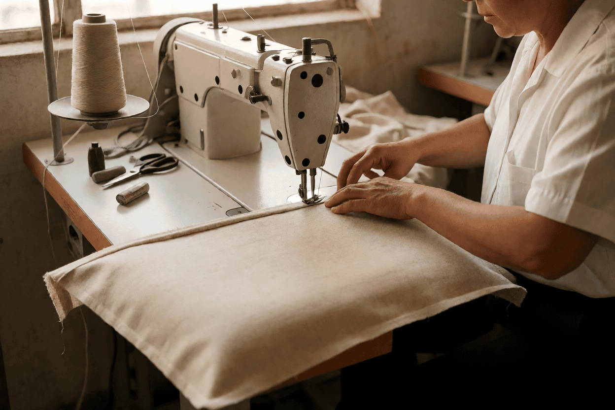 Industrial sewing machine stitching a straight seam on a plain cushion cover at the workshop sewing station