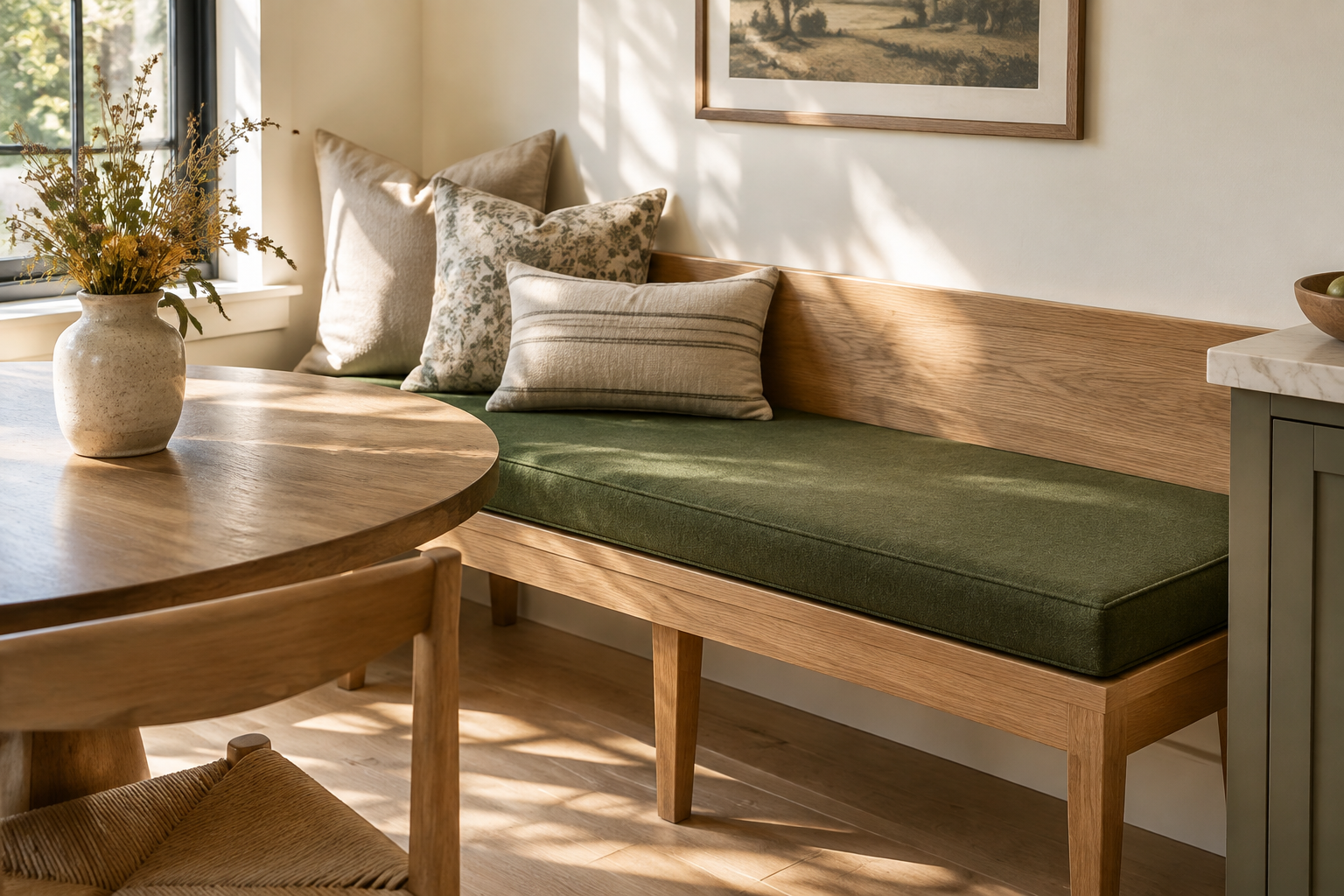 Custom kitchen bench cushion in moss-green performance fabric on an oak dining bench, cut edge-to-edge for a precise fit