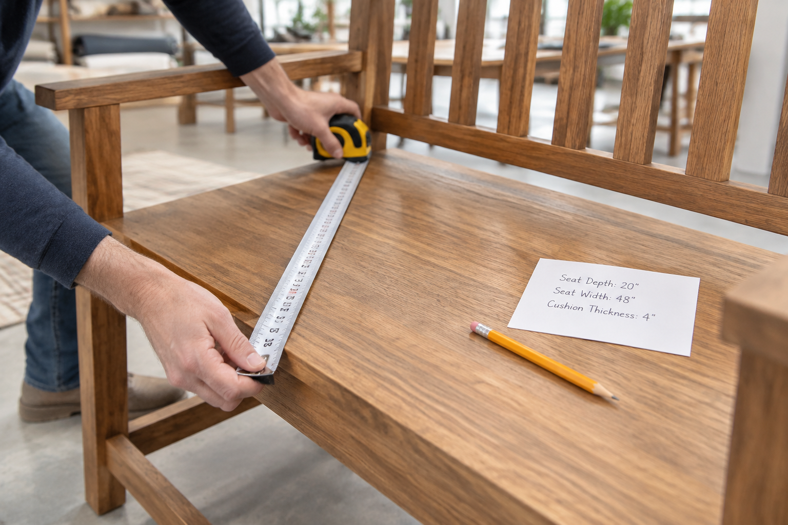 Measuring a bench seat with a tape measure, noting seat depth, width and cushion thickness on a card before ordering