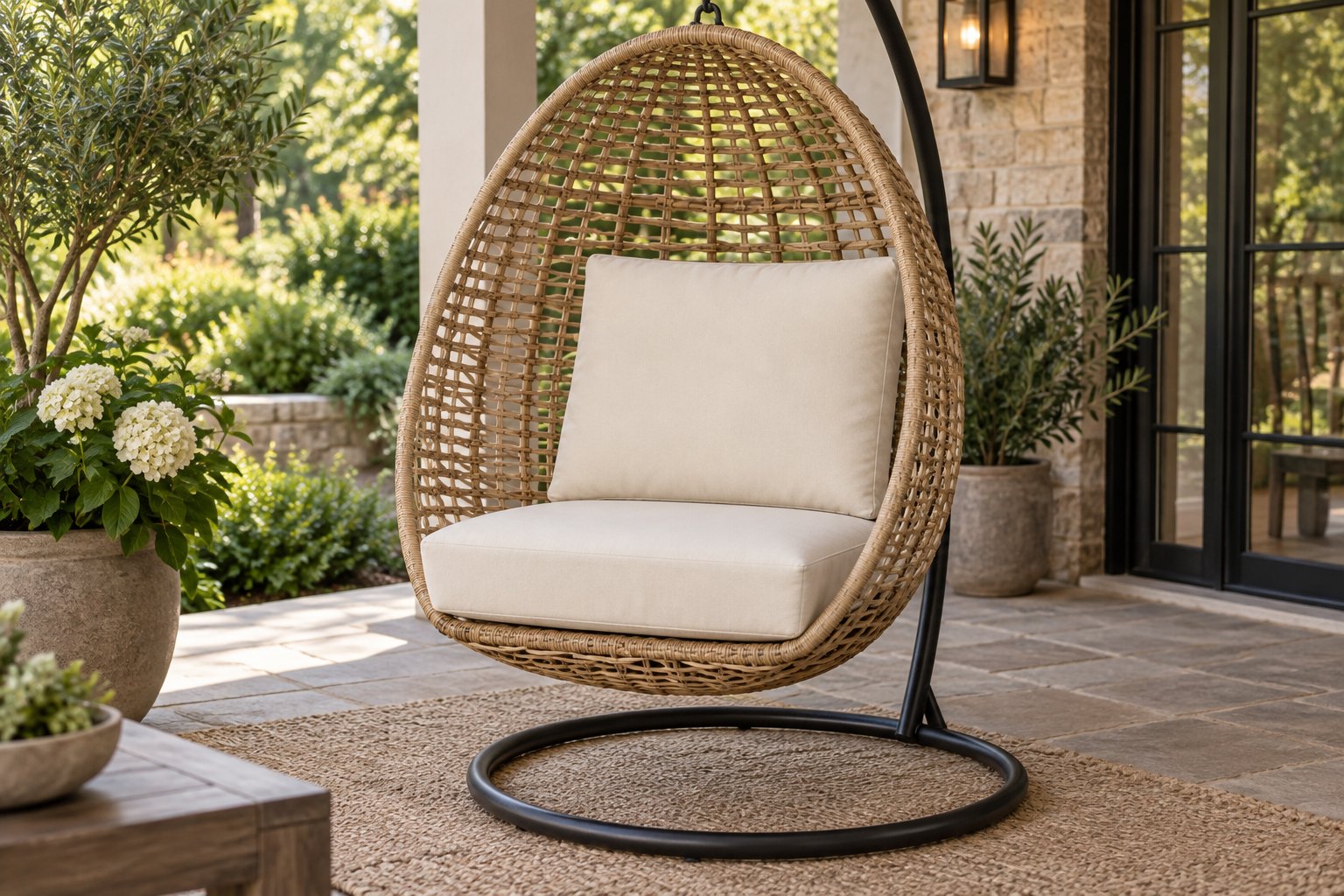 Wicker hanging egg chair with custom cream seat pad and back pad set