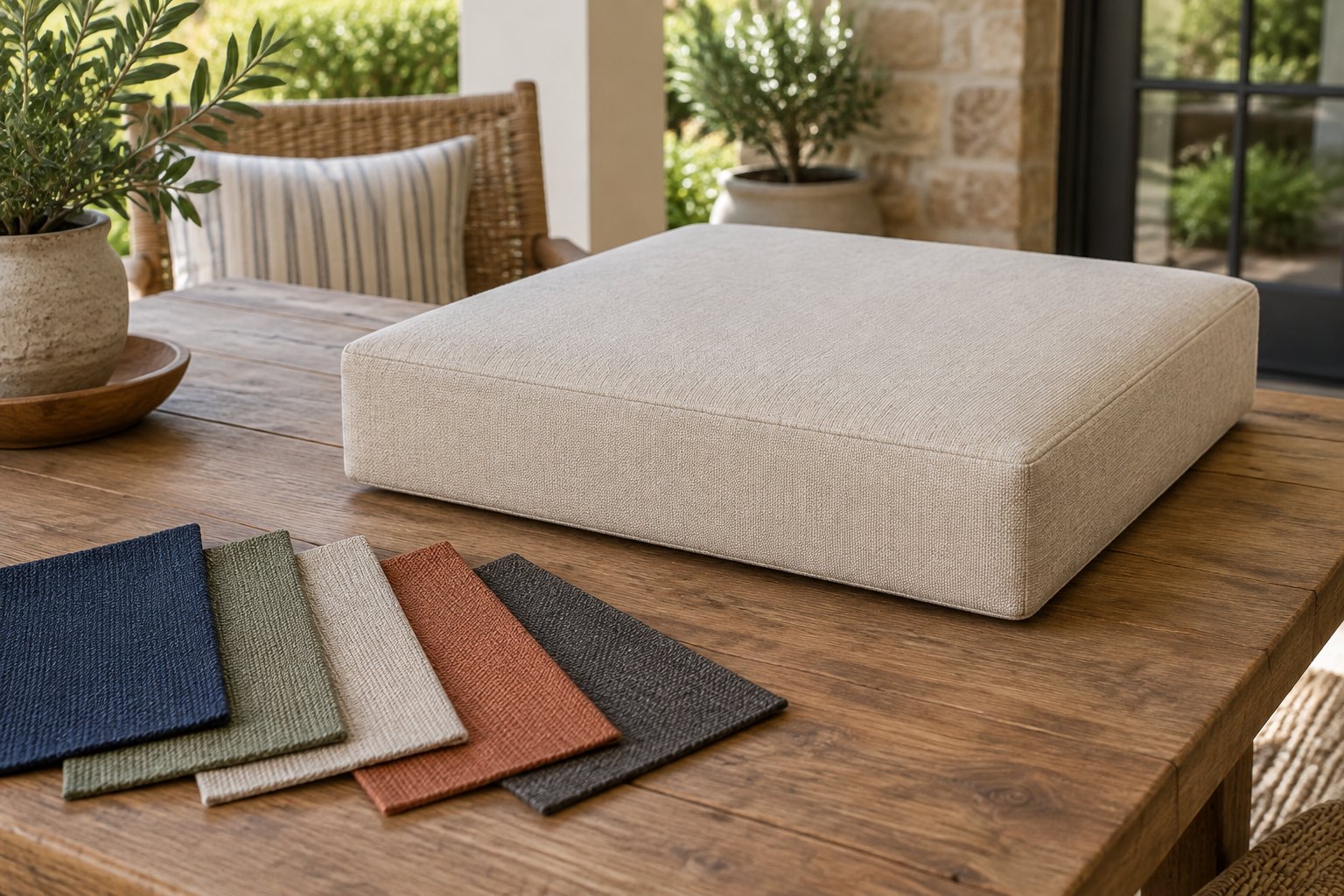 Boxy seat cushion with fanned upholstery fabric swatches in navy, sage, sand, terracotta and charcoal