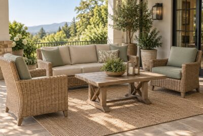 Better Homes and Gardens style wicker dining set with firm custom replacement cushions in oatmeal and sage fabric