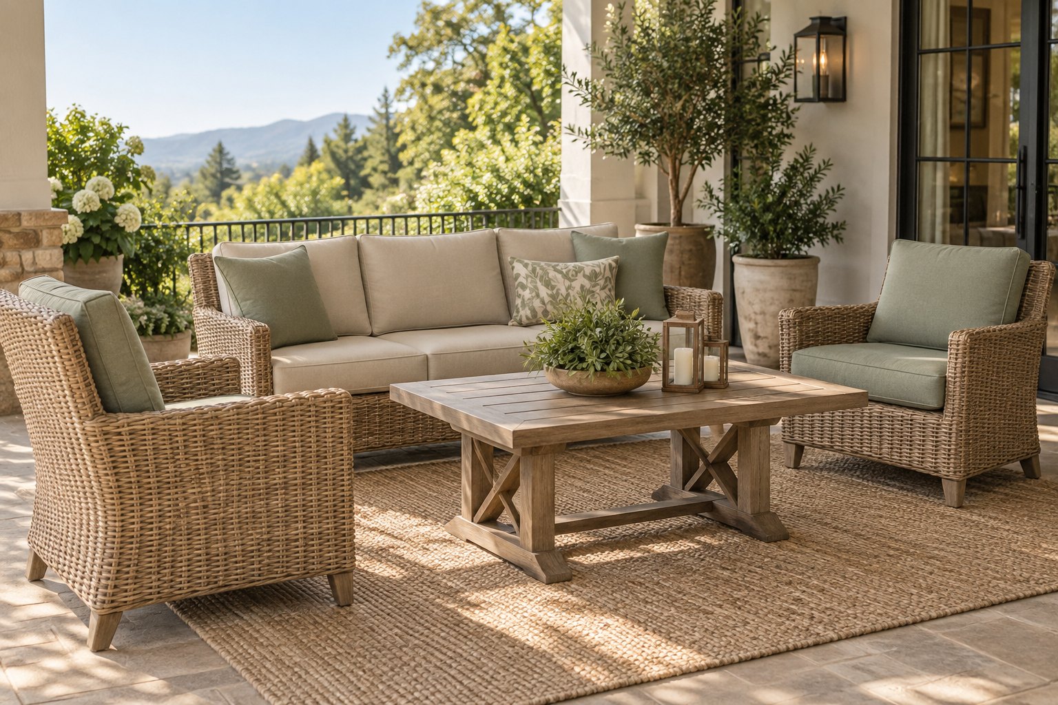 Better Homes and Gardens style wicker dining set with firm custom replacement cushions in oatmeal and sage fabric