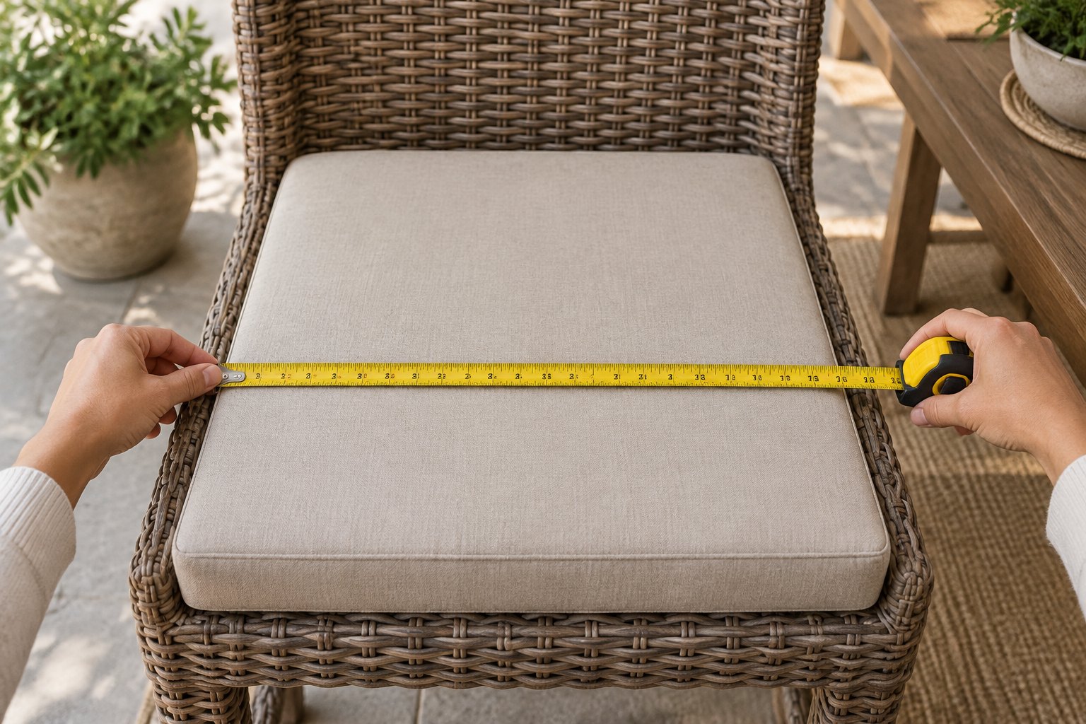Hands measuring a square wicker dining-chair seat cushion with a tape measure