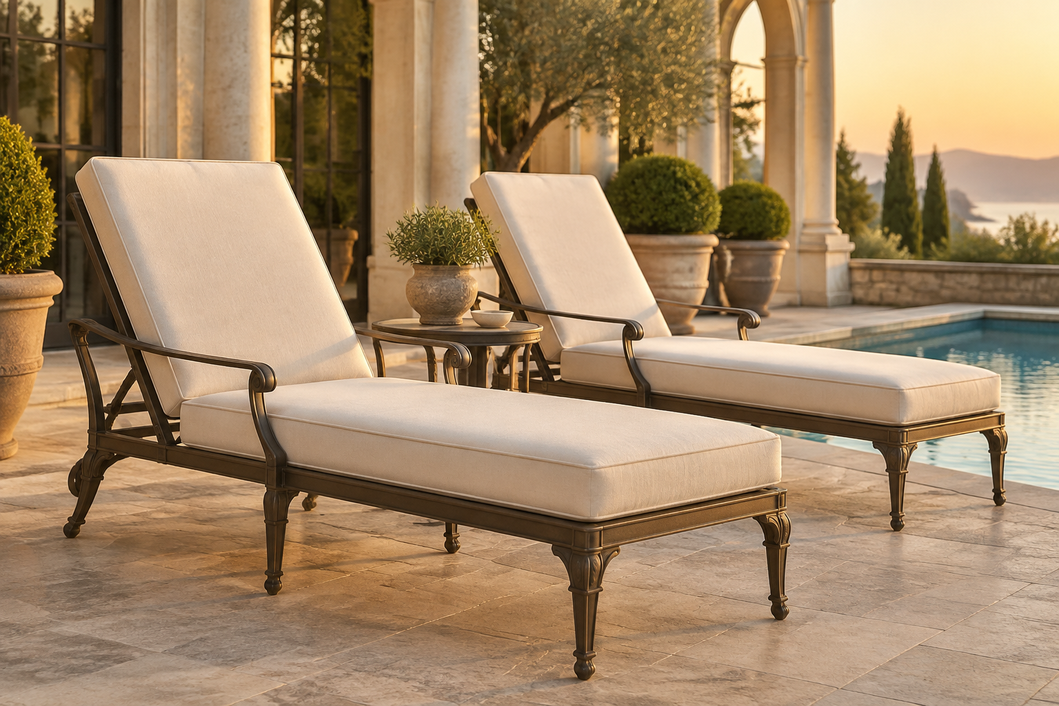 cm bj 01 hero Brown Jordan style cast-aluminum lounge chairs with firm custom replacement cushions in ivory solution-dyed acrylic