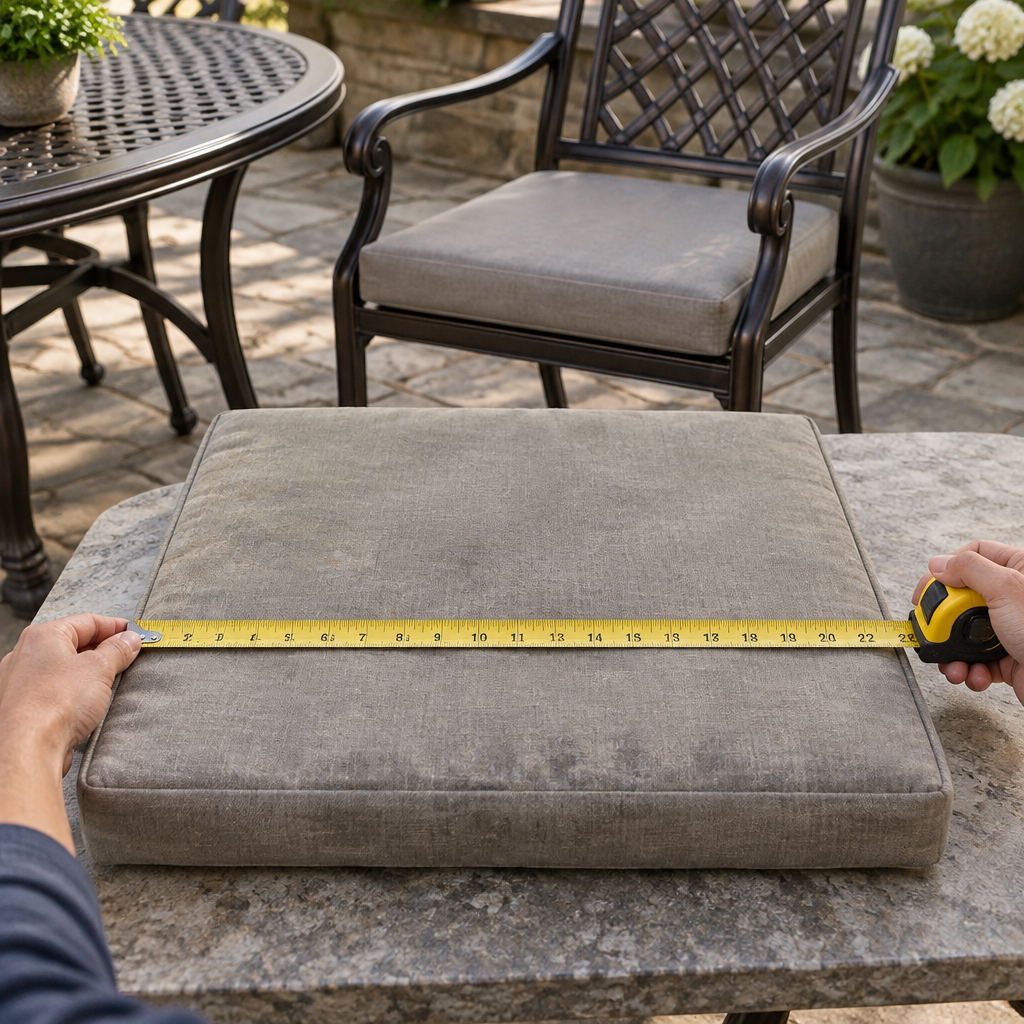 Measuring an old cast-aluminum patio chair cushion edge to edge with a tape measure