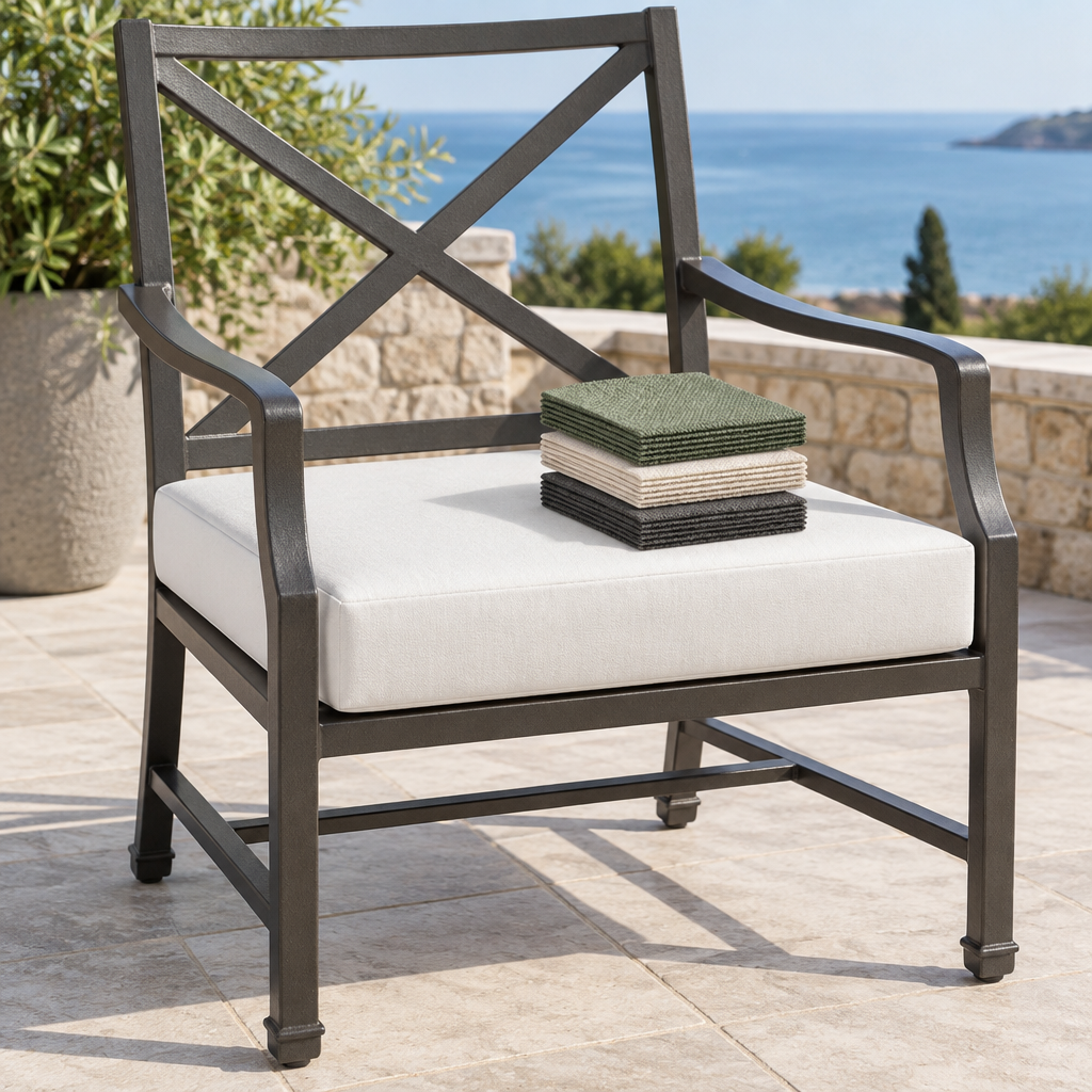 Firm custom patio seat cushion with fern green, beige and charcoal fabric swatch cards