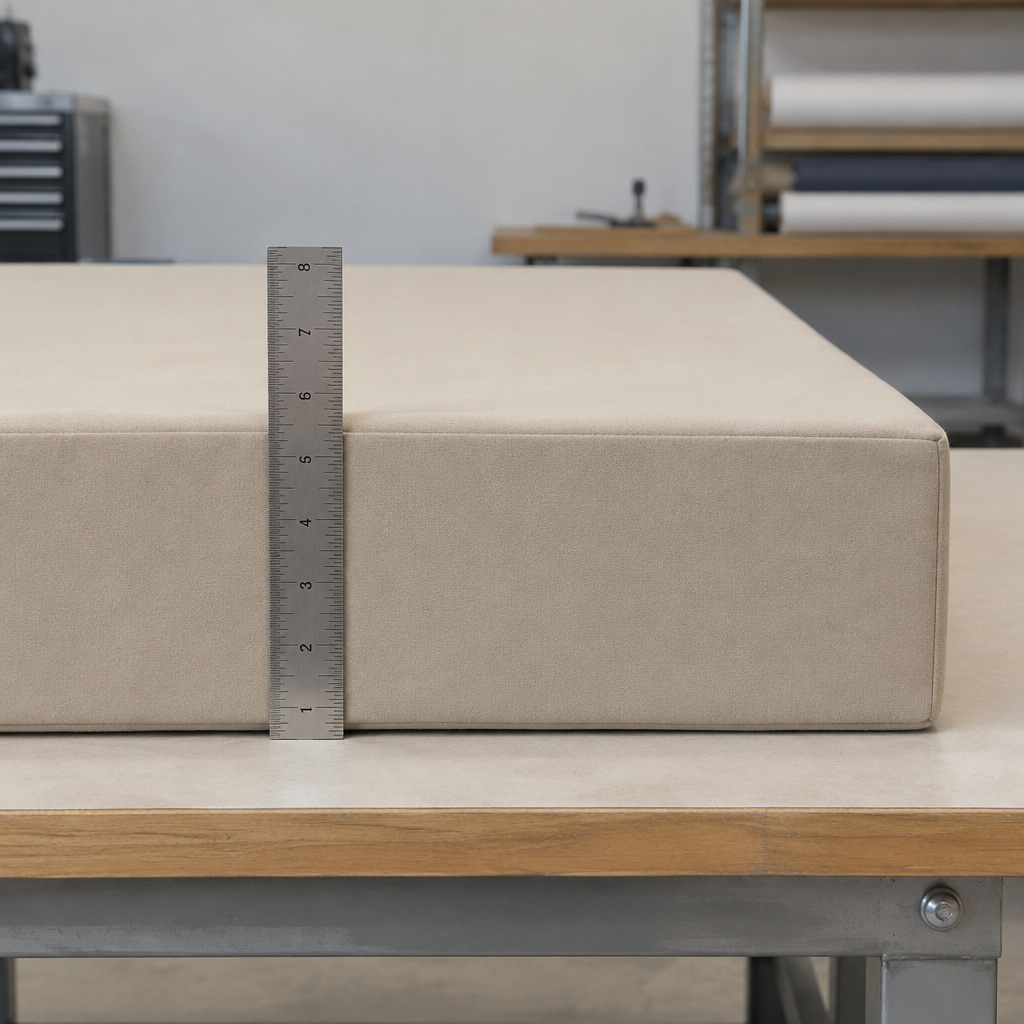 Side view of a 6-inch custom boat mattress with smooth marine fabric cover and clean flat seams
