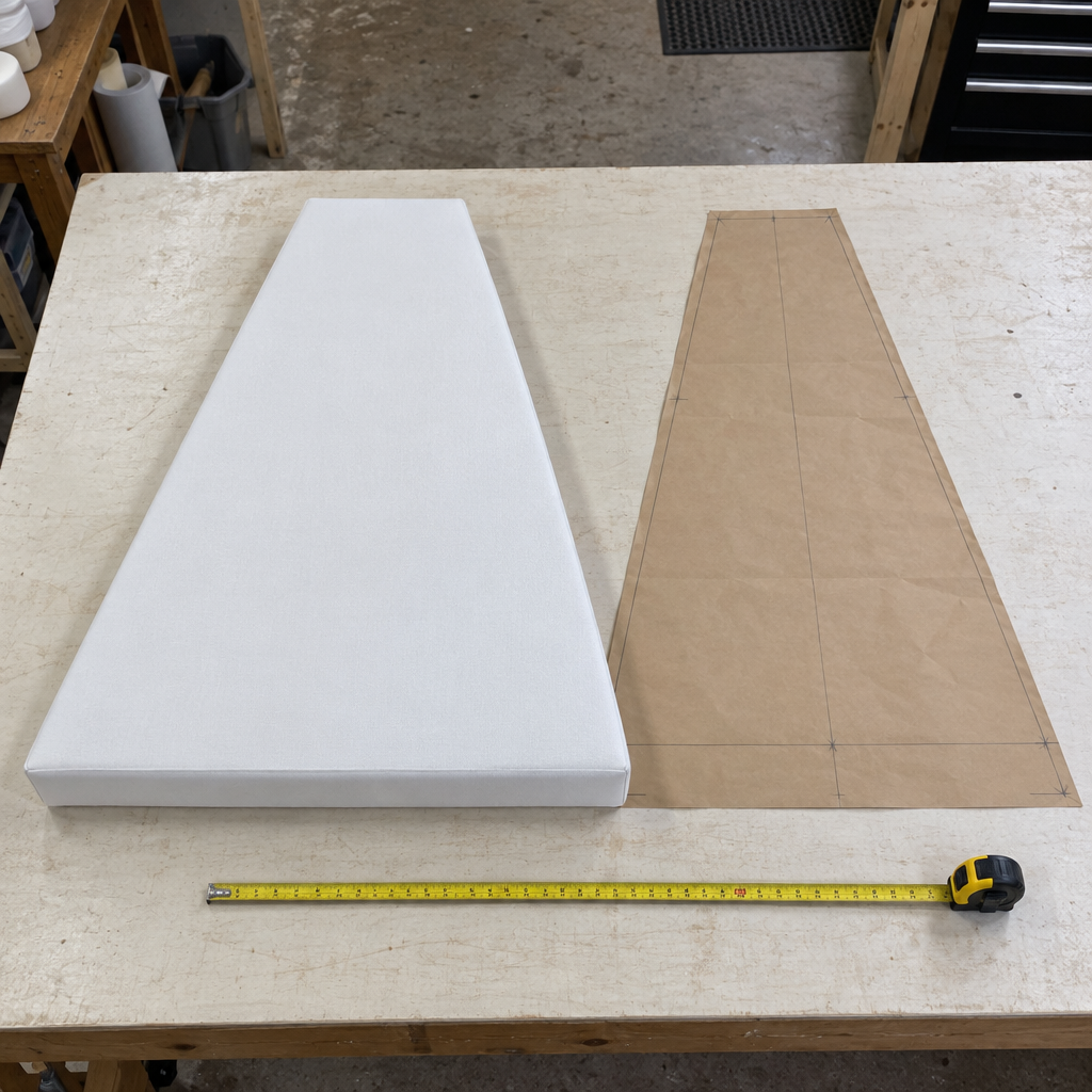 Tapered V-berth mattress piece beside its kraft-paper template with pencil marks on a workshop bench