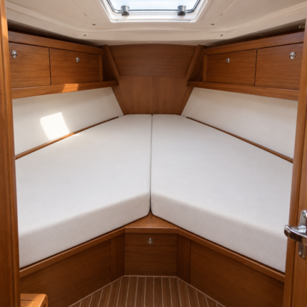 Custom boat mattress: two tapered foam mattress pieces forming a V-berth in a sailboat forward cabin