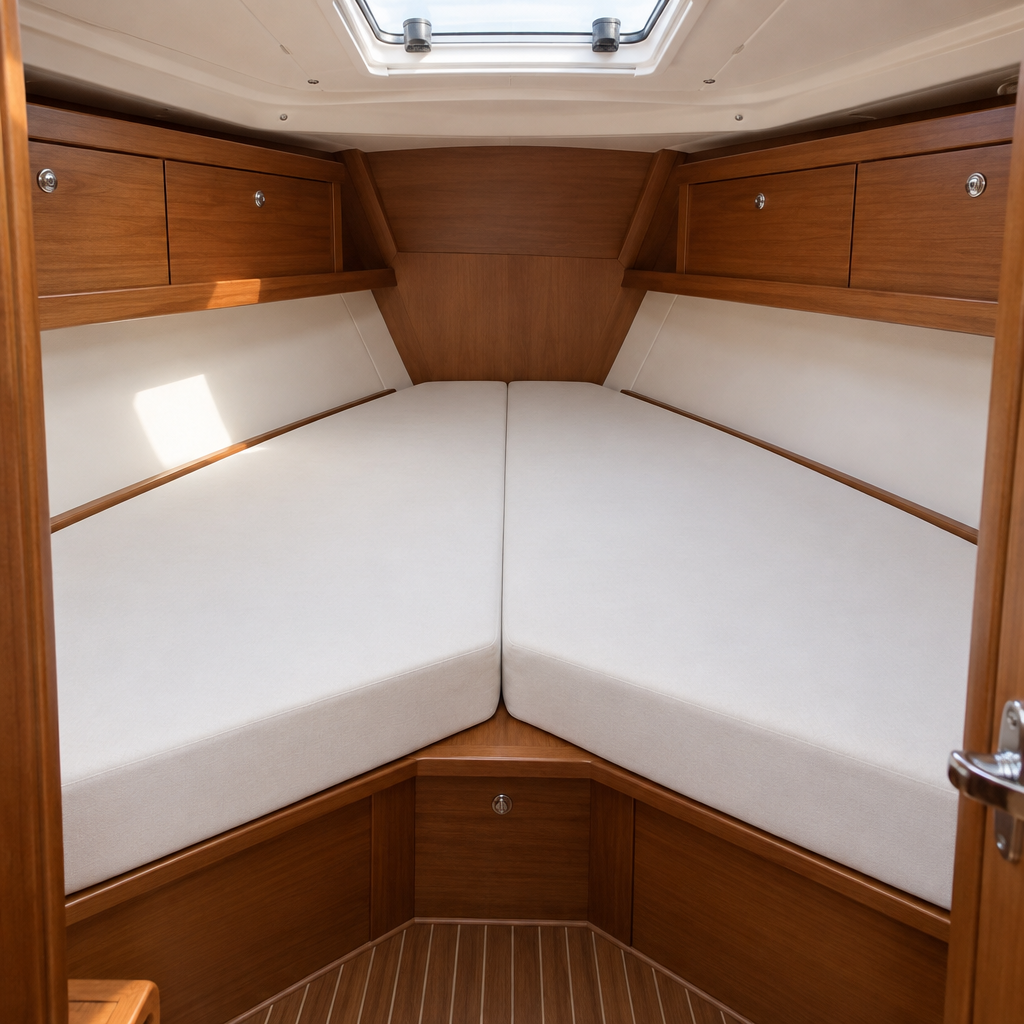 Custom boat mattress: two tapered foam mattress pieces forming a V-berth in a sailboat forward cabin