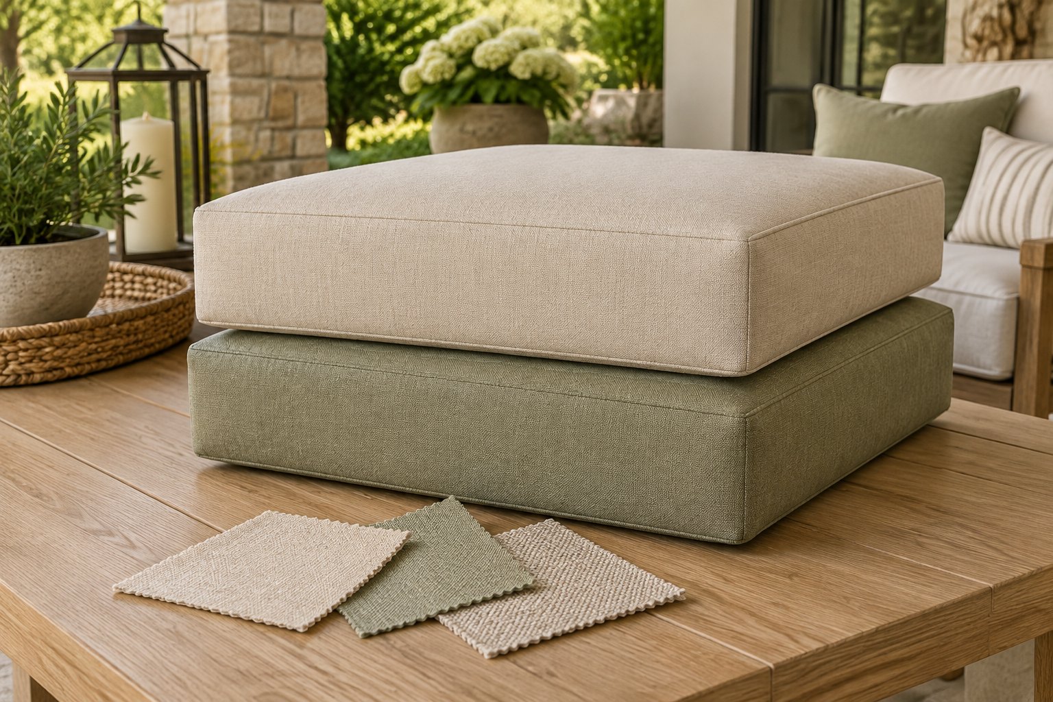 cm-broyhill-fabric-v2 Stacked beige and sage cushions with fanned fabric swatch squares