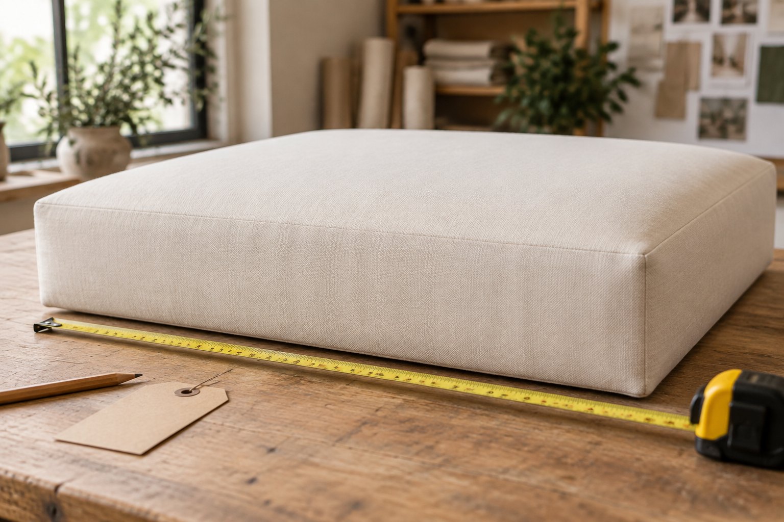 Firm deep-seat cushion on a worktable with a tape measure along its edge