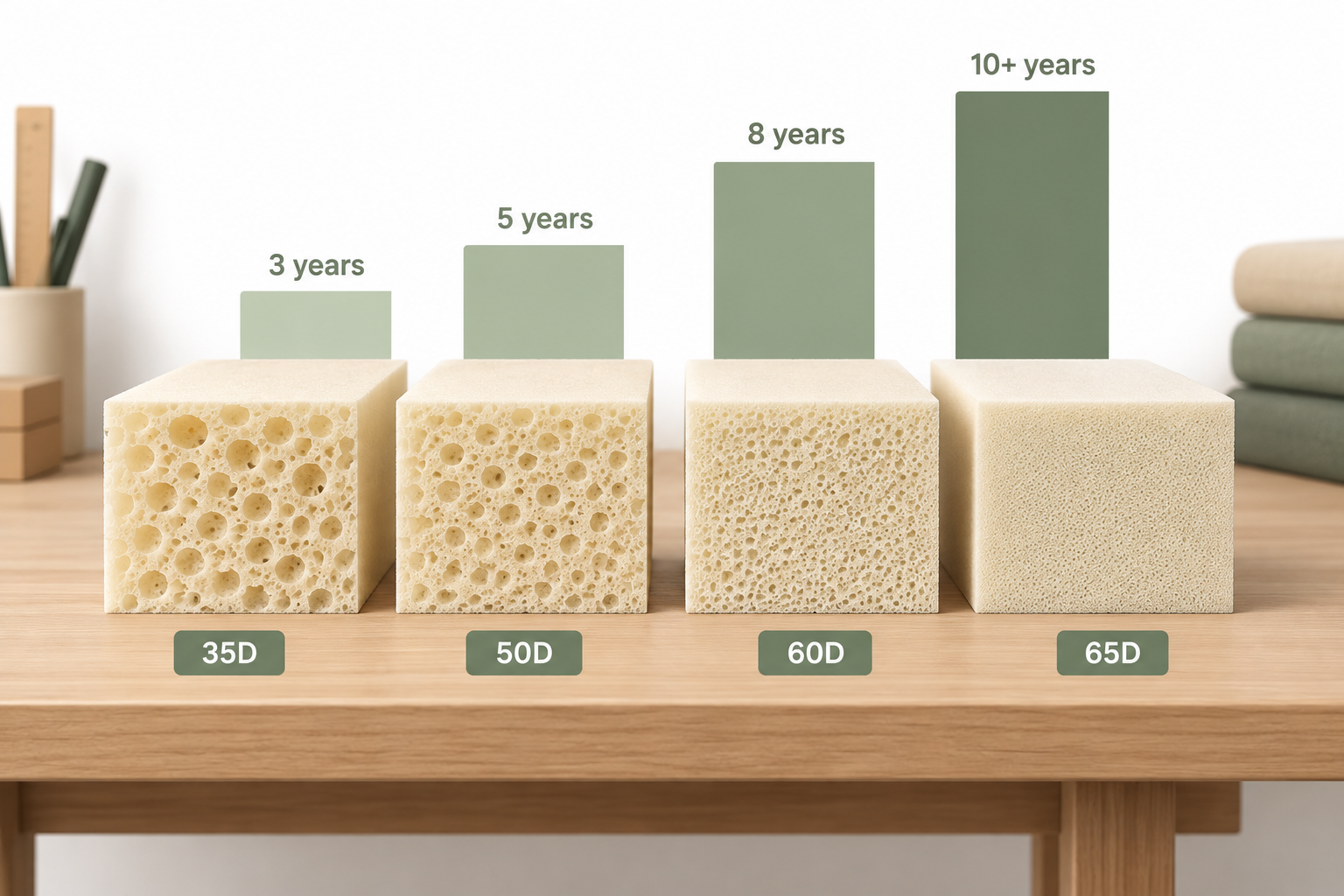 Four foam density grades from 35D to 65D shown as cut blocks with cell structure getting visibly denser - density decides how many years replacement couch cushions hold their shape