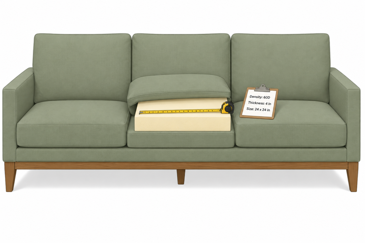 Sofa with visible legs and frame, middle cushion cover peeled back with the old foam core slid out, a measuring tape across the core and a clipboard reading 60D, 4 in, 24 x 24 in