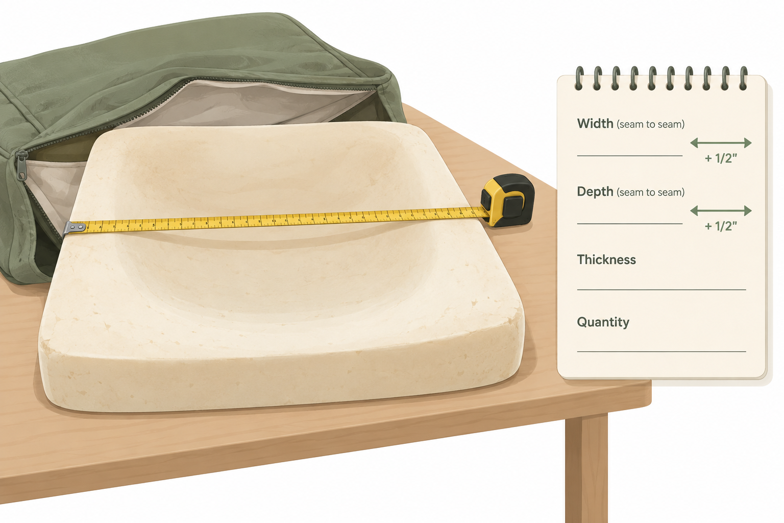 Old couch cushion core measured seam to seam with a tape measure, notepad showing width depth thickness and the half-inch compression allowance added to width and depth