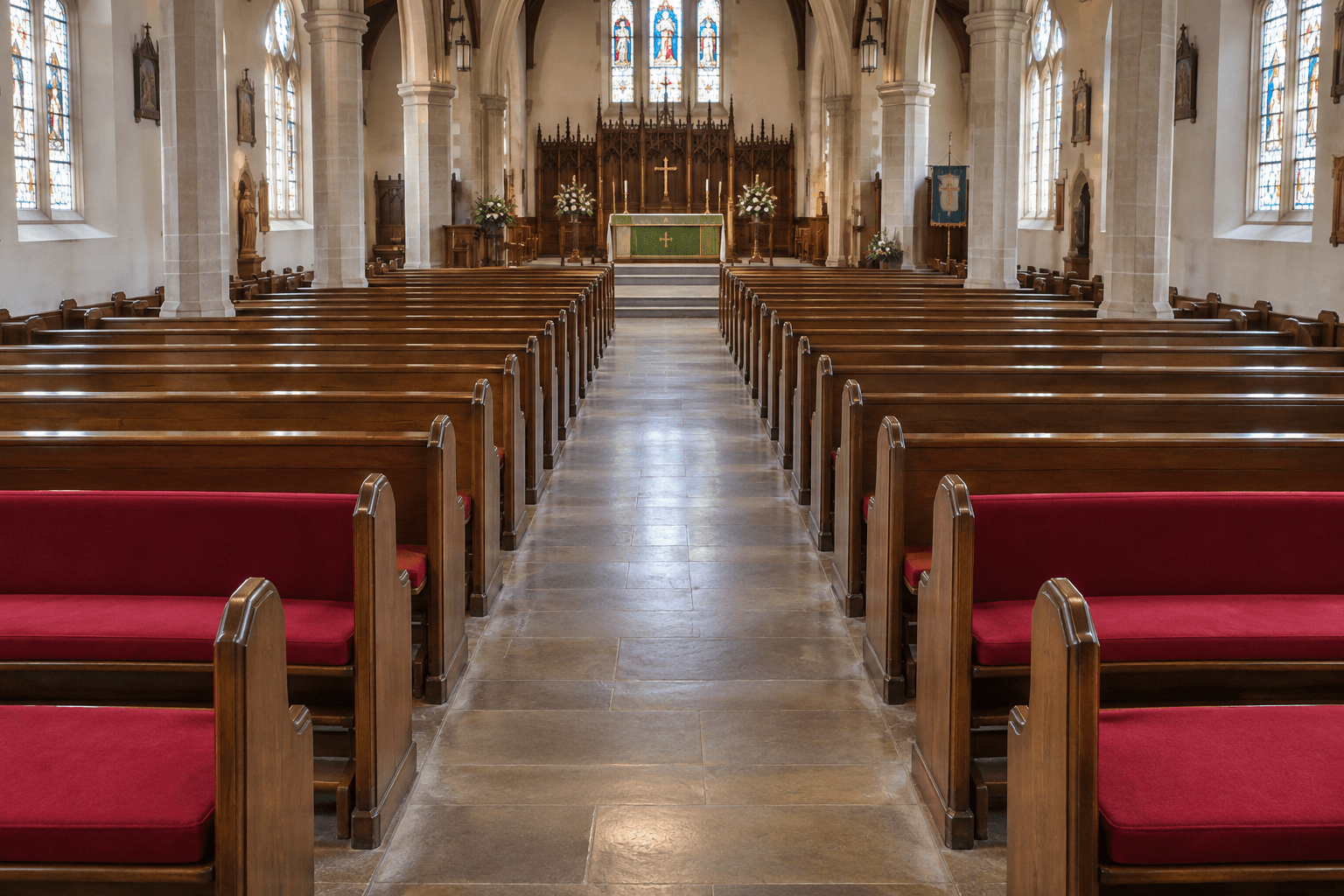 Church nave rows with cushioned and bare pews contrast