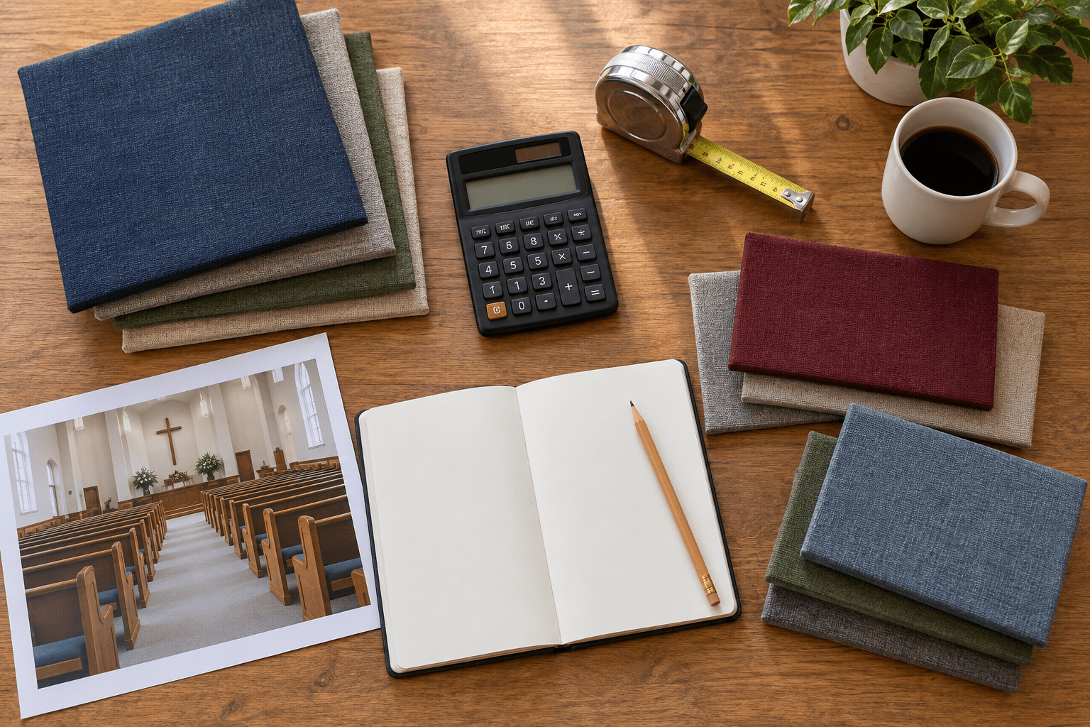 Calculator, tape measure and fabric swatches on a wooden table