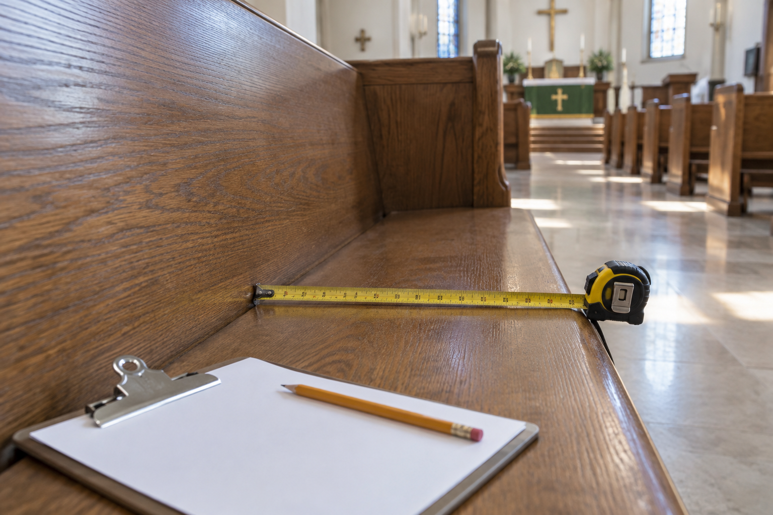 Tape measure and clipboard on a church pew seat