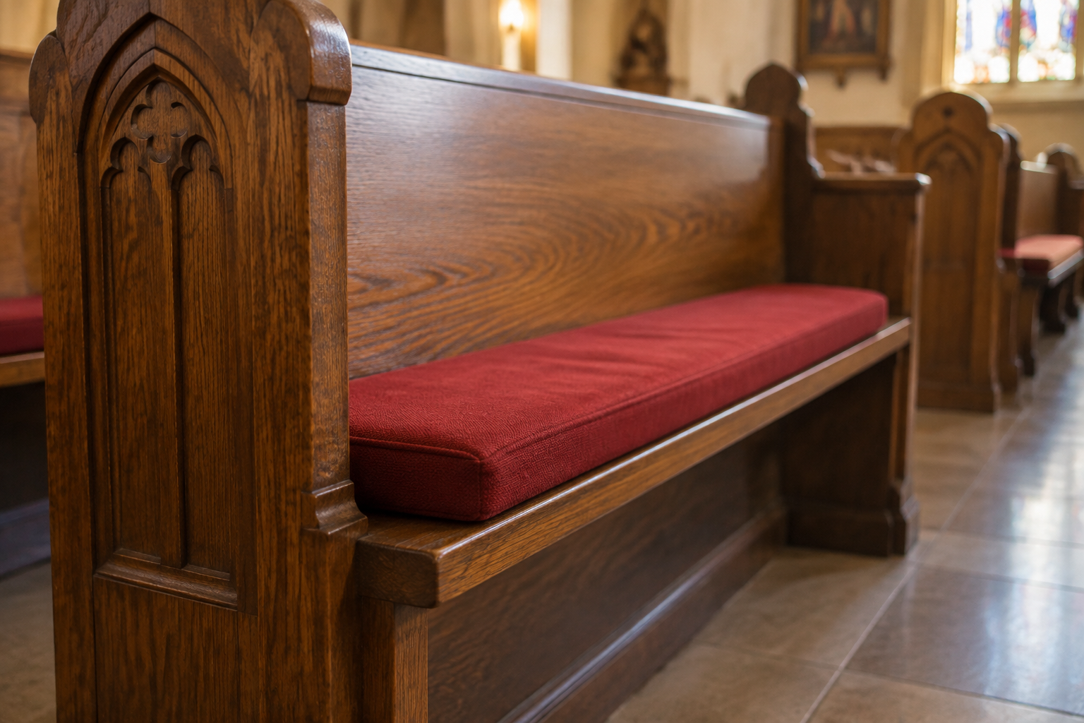 Side profile of a seat cushion resting on a church pew seat