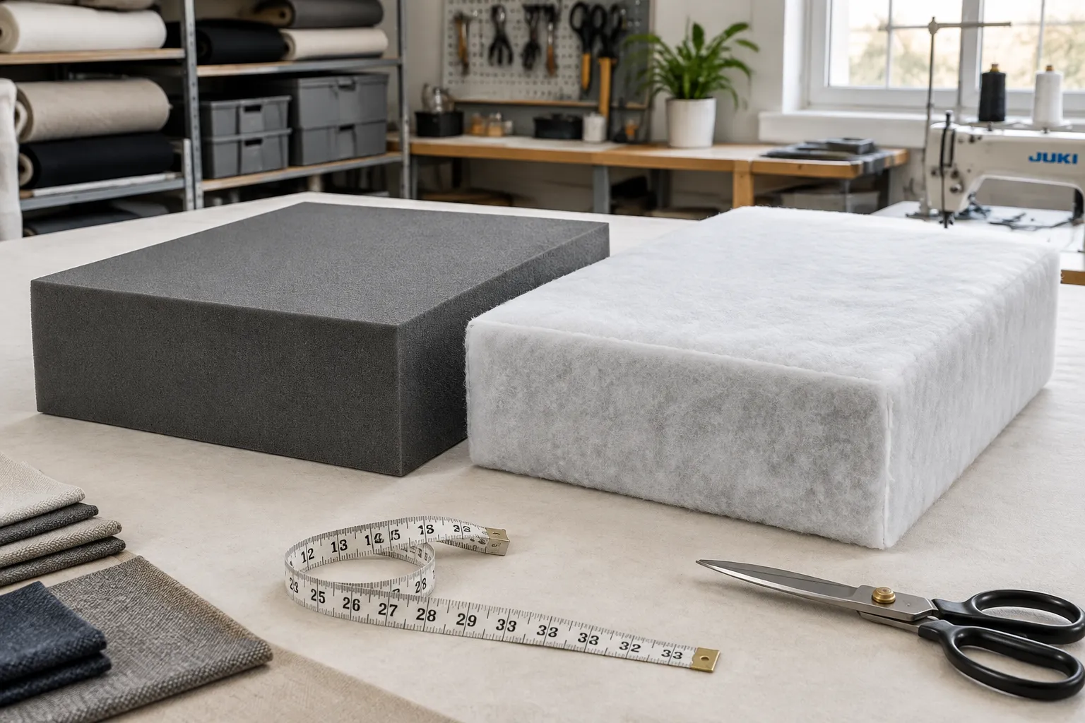 Dacron wrap on a cushion foam core — bare high-density foam block beside a core wrapped in thin white polyester batting on the cutting table